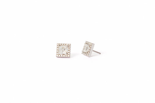 White Gold Square Moissanite Halo Studs