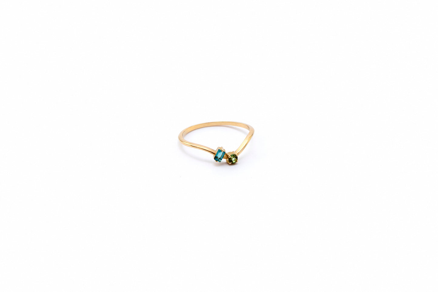 Curved Stackable Ring with Round Green and Baguette Blue Tourmaline