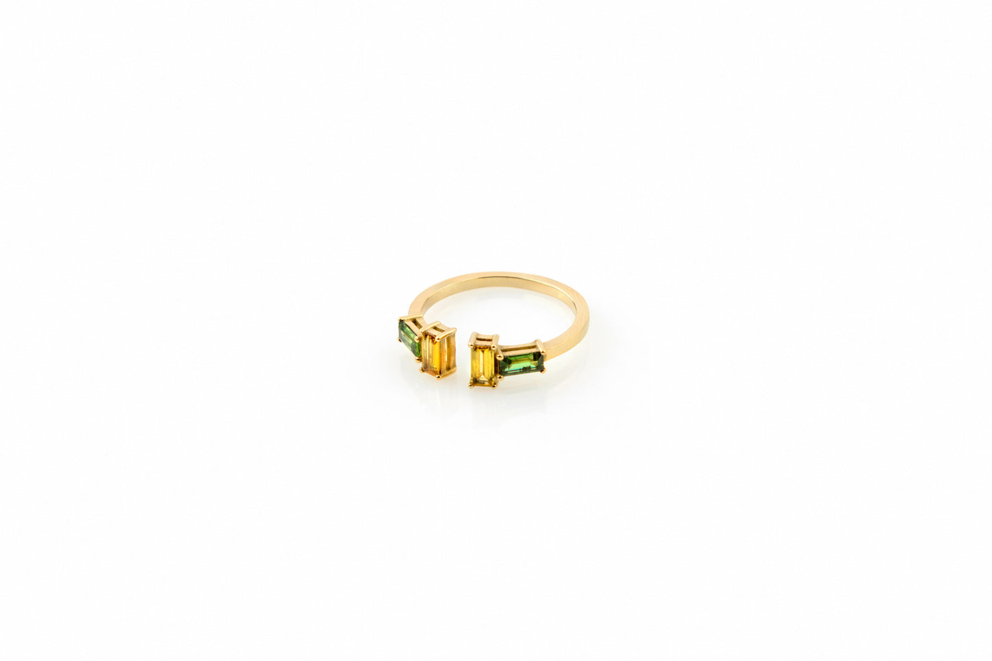 Baguette Sapphire T Ring - Green & Yellow